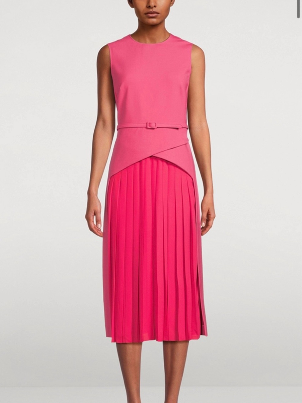 Oscar de la Renta Pink Sleeveless Belted Pleated Wool Midi Dress - Picture 10 of 11